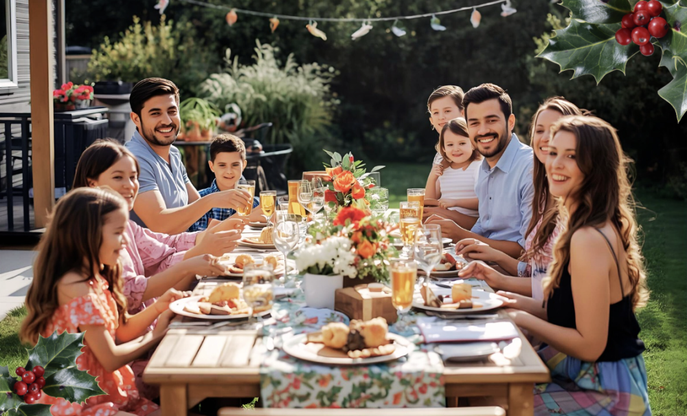 people sitting around table at christmas, drinking wine and conversating