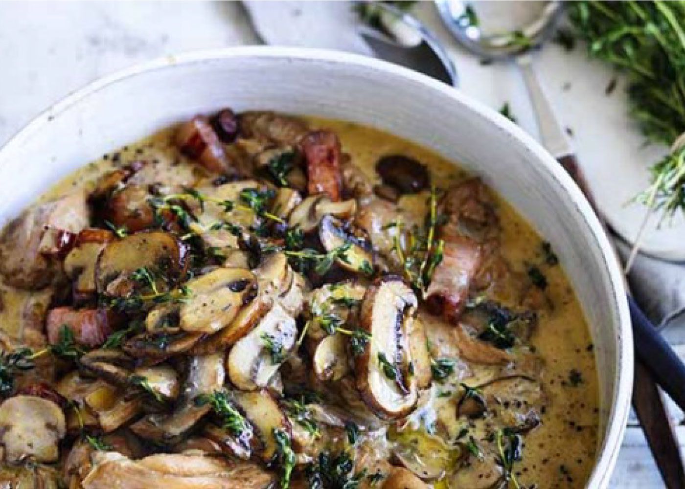 Braised chicken w mushrooms + bacon