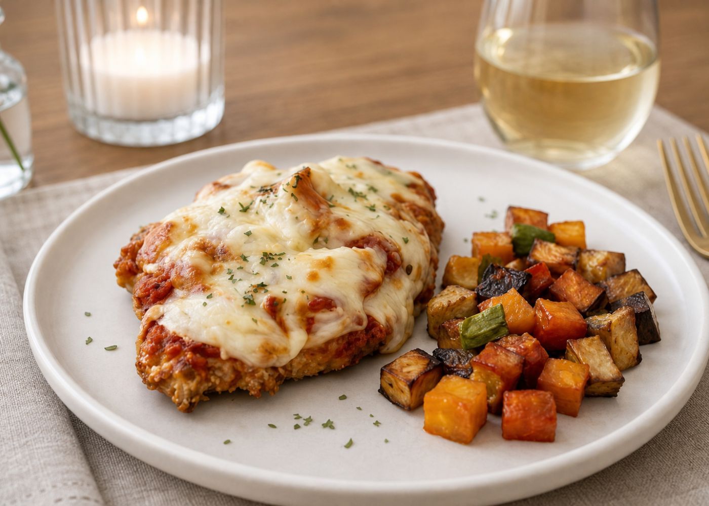 Chicken parmi w roast vege - 1 serve