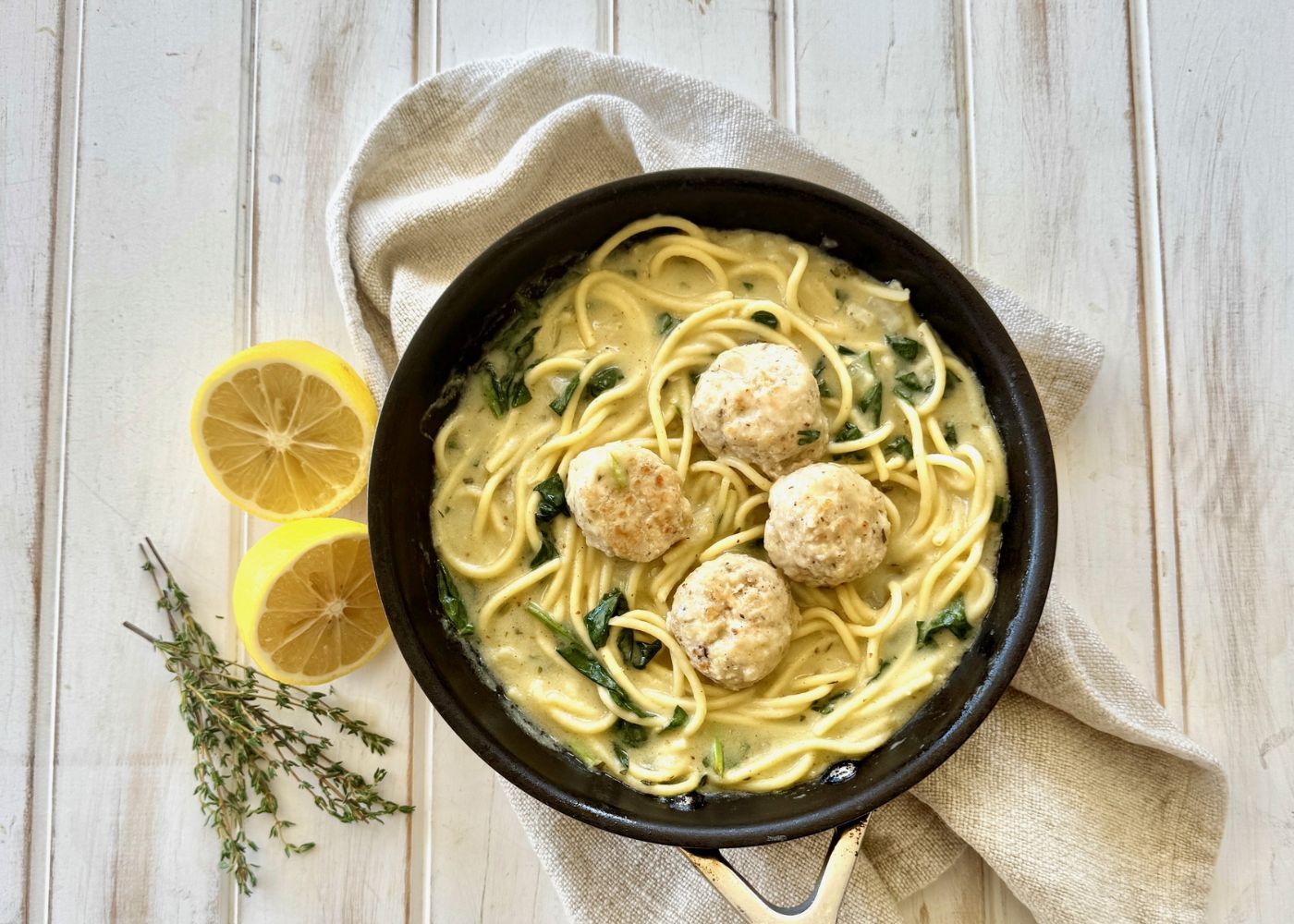 Chicken meatball pasta w lemon thyme sauce