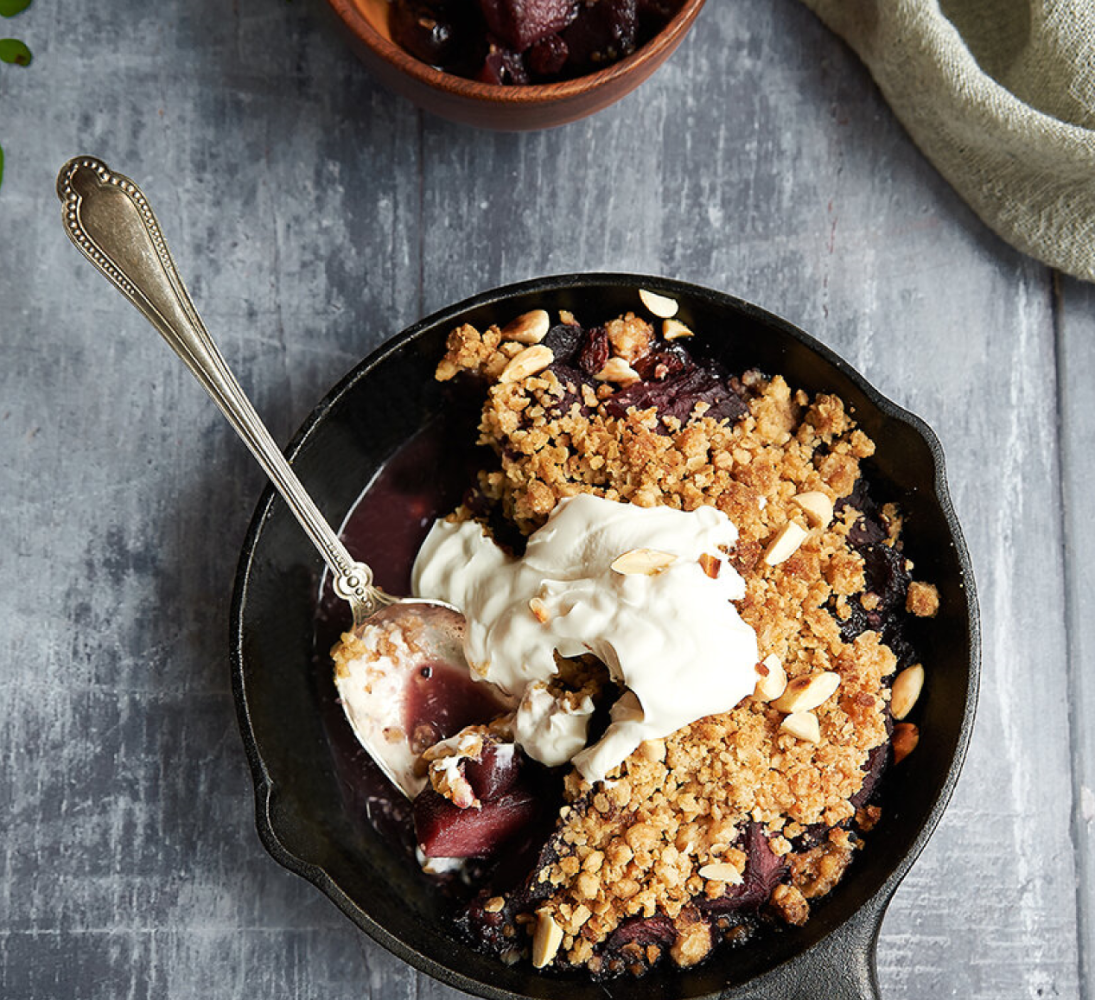 Pear, blueberry + white chocolate crumble