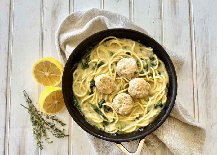 Chicken meatball pasta w lemon thyme sauce