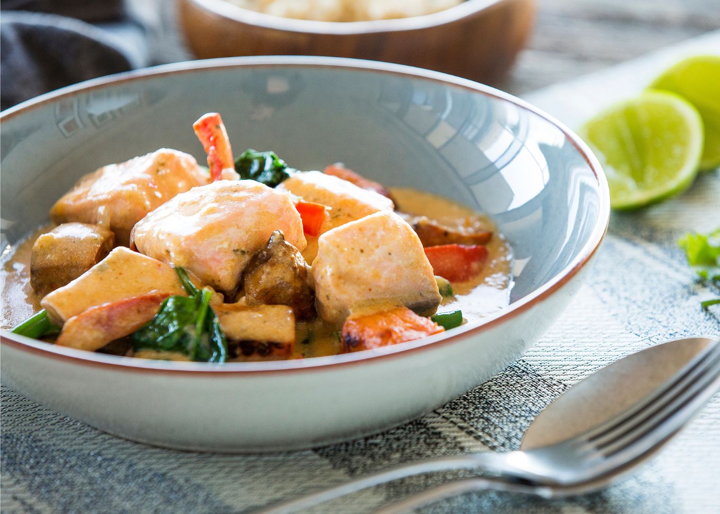 Thai red salmon curry w sweet potato + greens